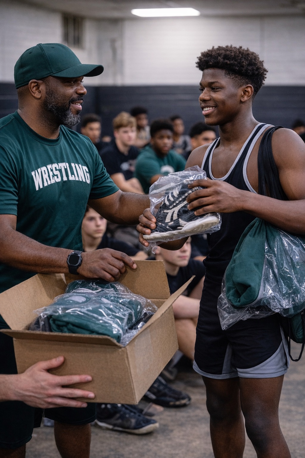 Coach providing gear support to student-athlete