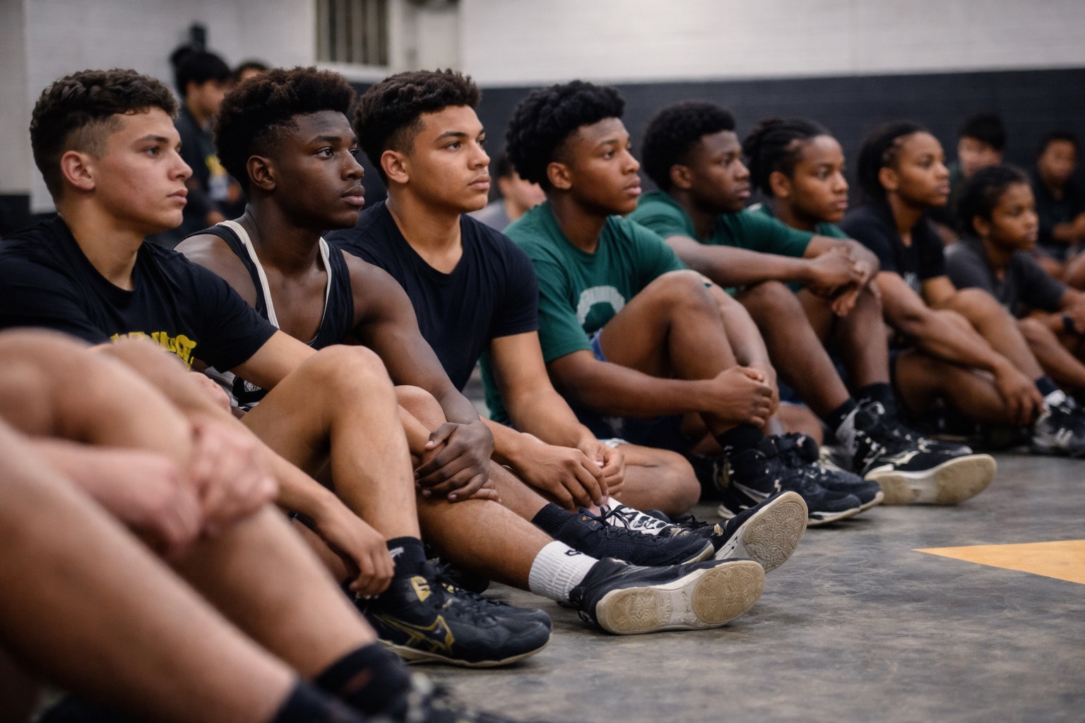 Coach mentoring student-athlete before a wrestling match