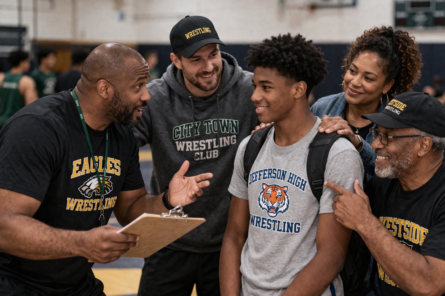Referral intake and review conversation in wrestling room
